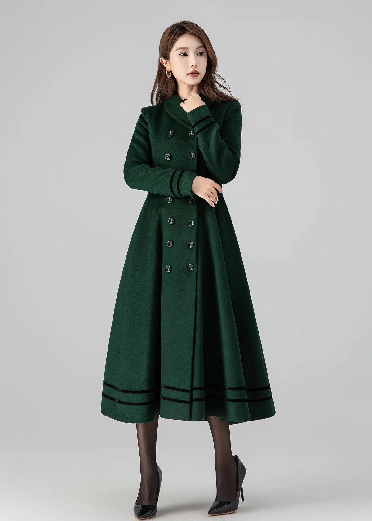 Forest Green Wool Coat - Double Breasted A-Line Fit and Flare 4514