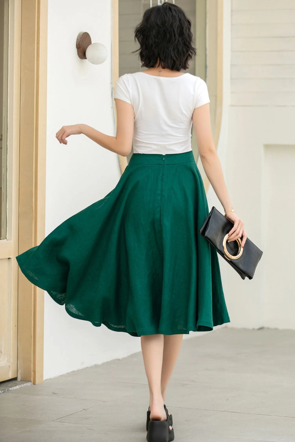 Dark Green Linen Midi Skirt - High-Waisted A-Line Flare 5834