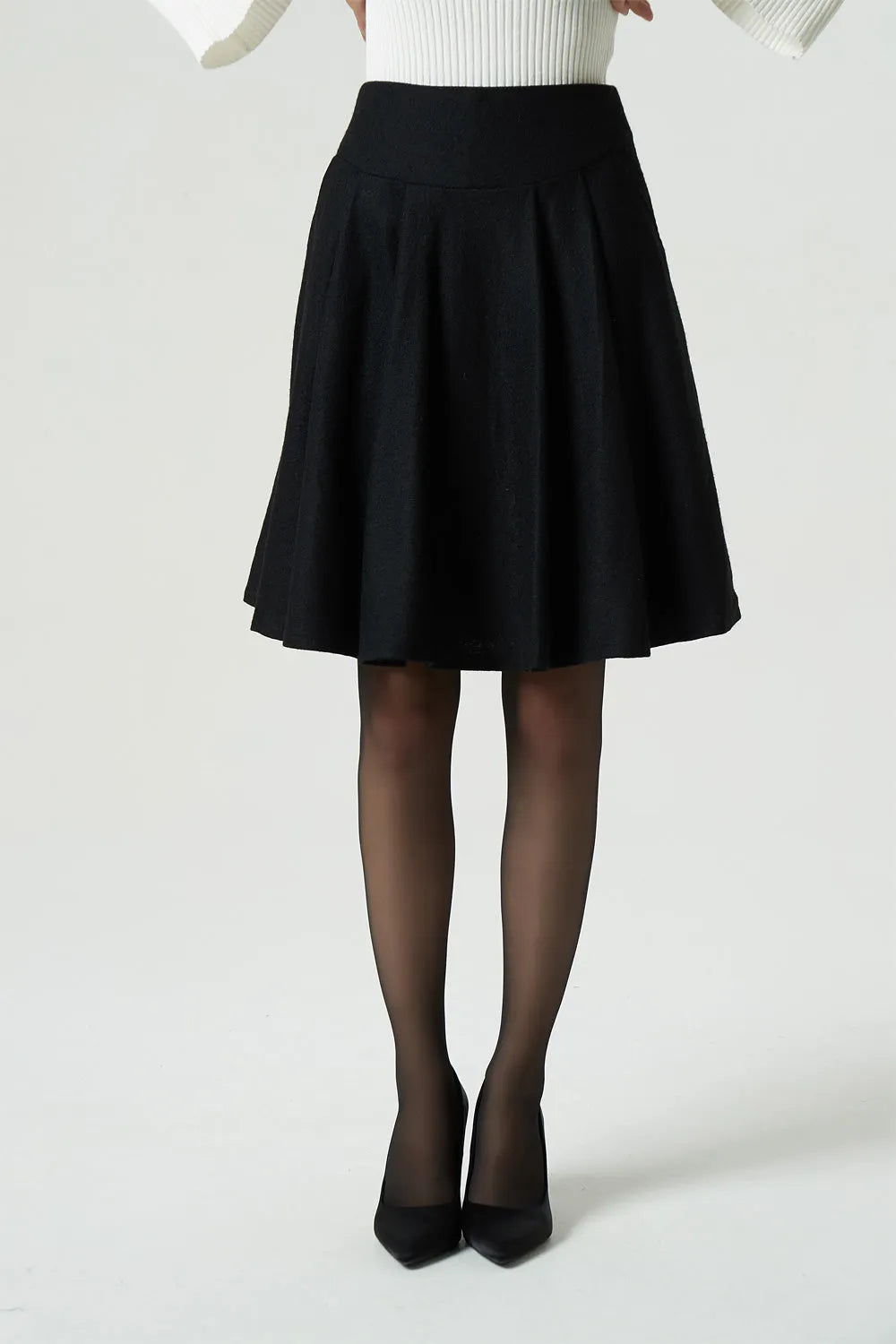 Black Wool Skater Skirt - Pleated Midi with Wide Waistband 1990