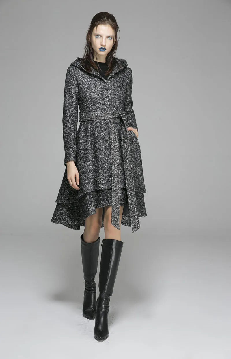 Vintage Wool Coat for Women – Handmade Gray Hooded Belted Winter Coat with Layered Hem 