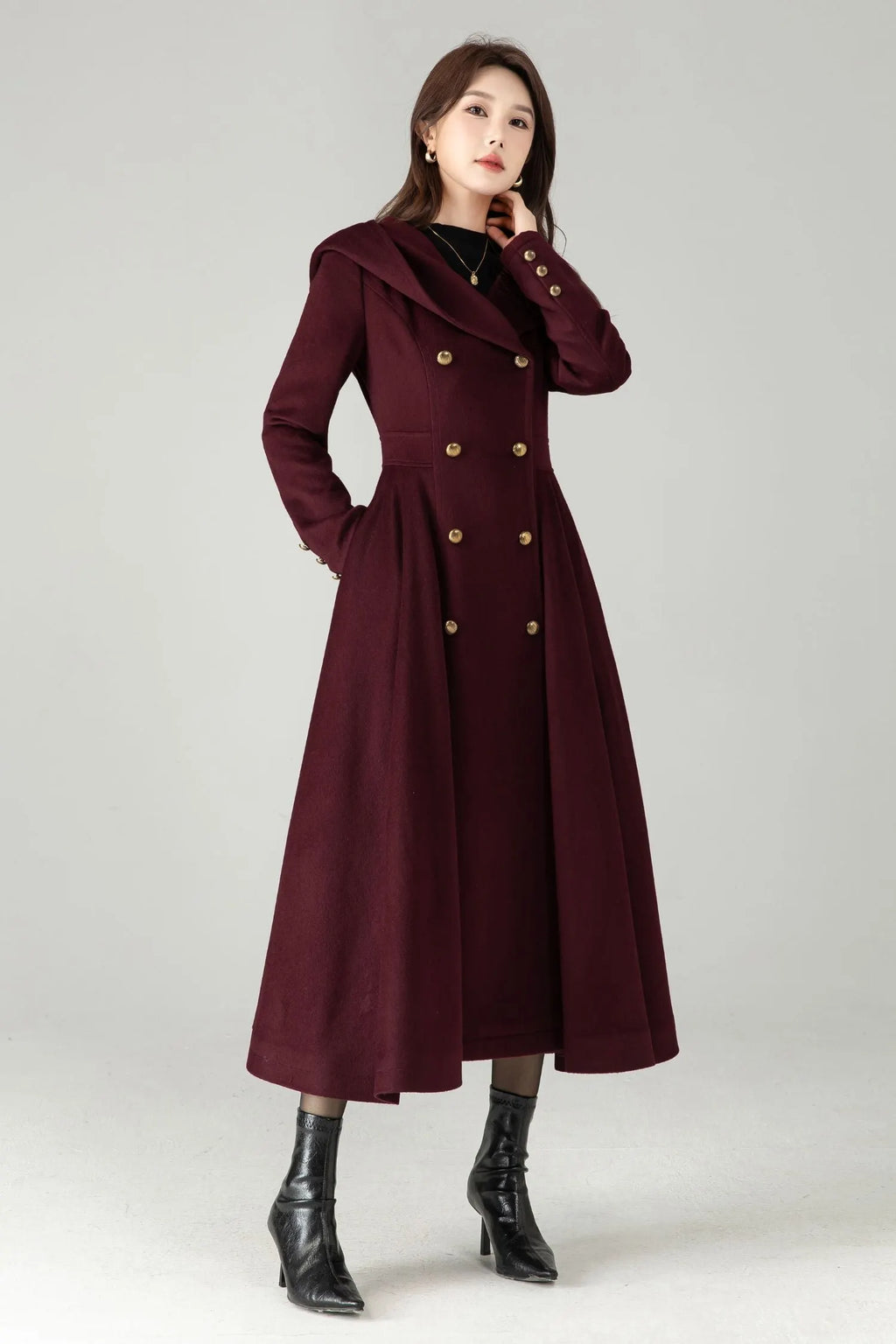Hooded Burgundy Wool Coat – Elegant Double-Breasted Long Swing Coat 
