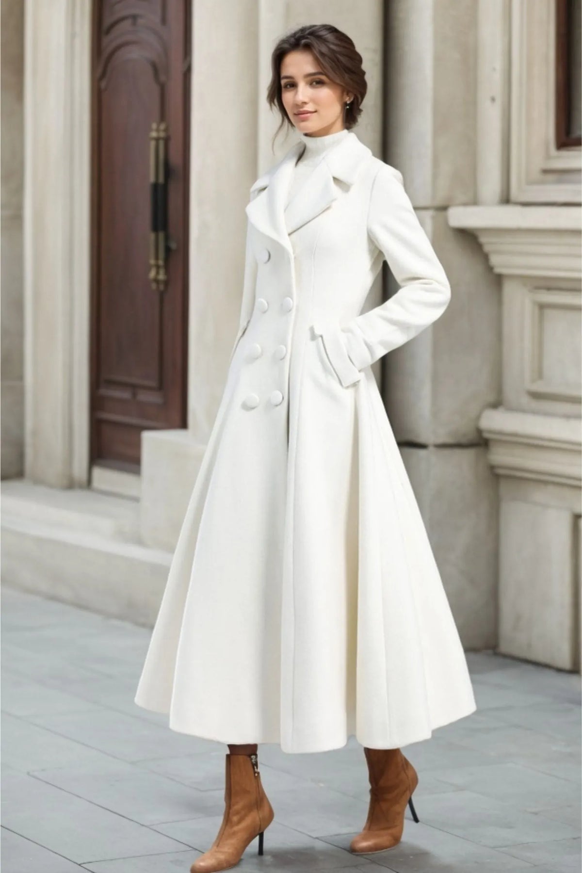 White Wool Maxi Coat – Vintage Double Breasted Long Winter Overcoat 3235