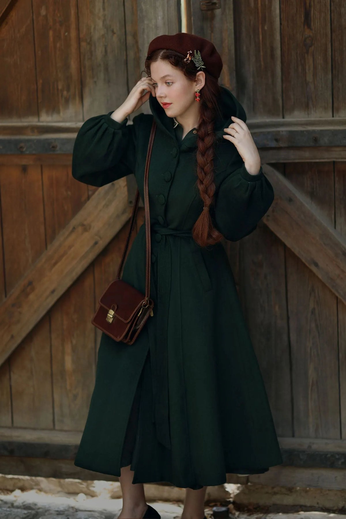 Dark Green Wool Blend Coat – Handmade Hooded Vintage Winter Elegance 3870