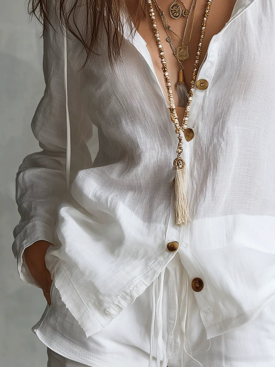 Boho White Button Linen Blouse
