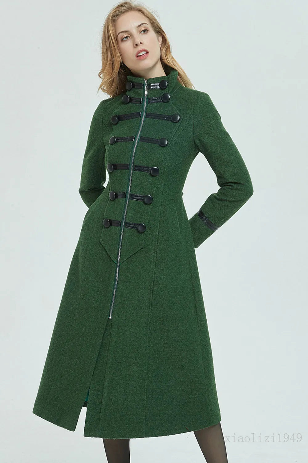 Vintage Wool Coat for Women – Handmade Green Military Style Long Winter Coat 