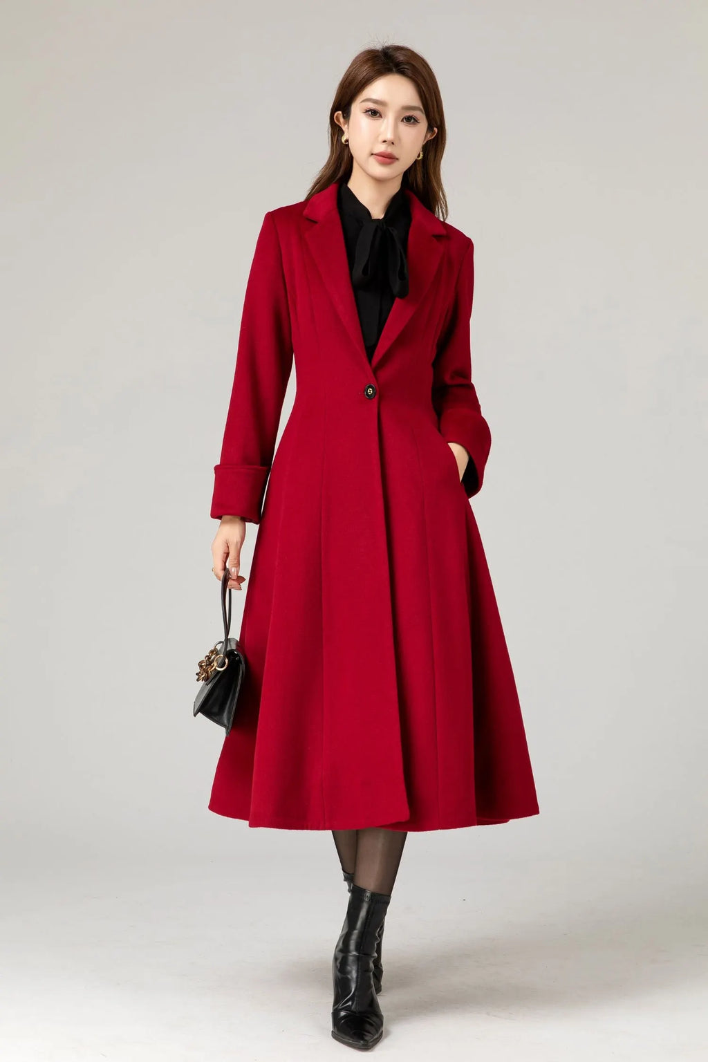 Red Wool Princess Coat - Fitted Waist, Flared Silhouette 5480