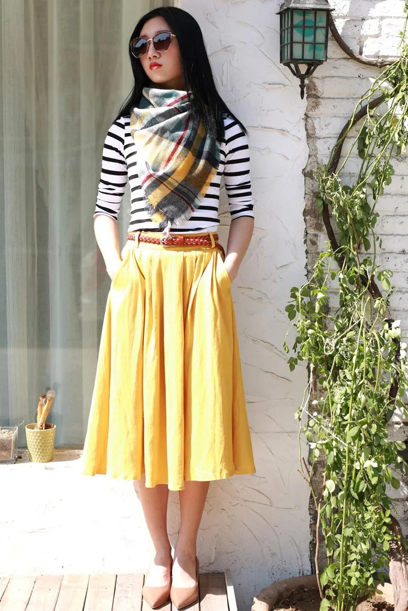 Mustard Yellow Linen Pleated Midi Skirt - High Waist Pockets 