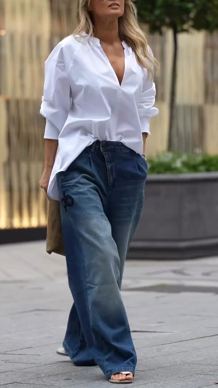 Women V-neck Shirt + Washed Jeans Casual Set