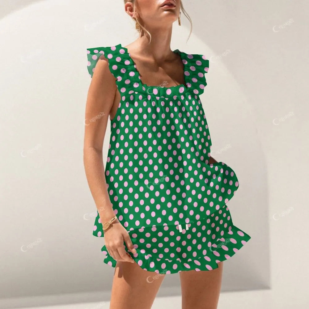Colordate Pink Polka Dot Print Short Tank Top Shorts Pajama Set