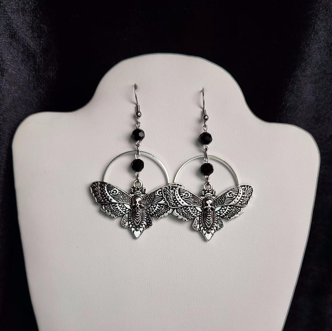 Black Crystal Beads Skull Moth Earrings
