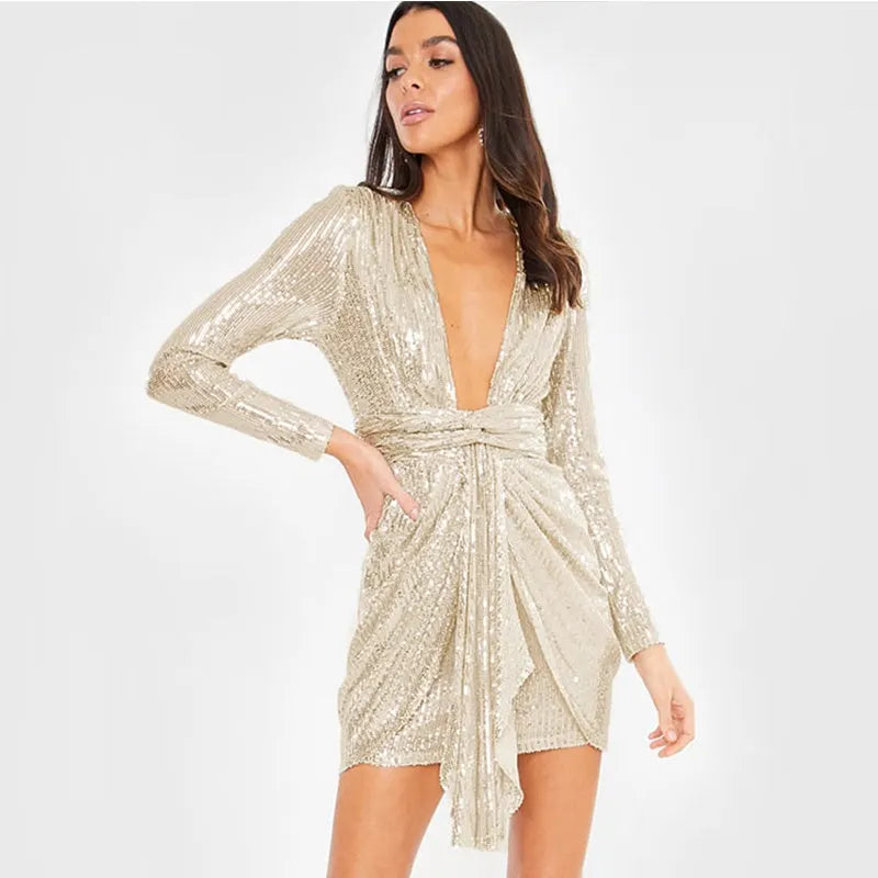 KittenAlarm - Ladies deep V neck Sequin Party Dress Female Nightclub Midi Dresses