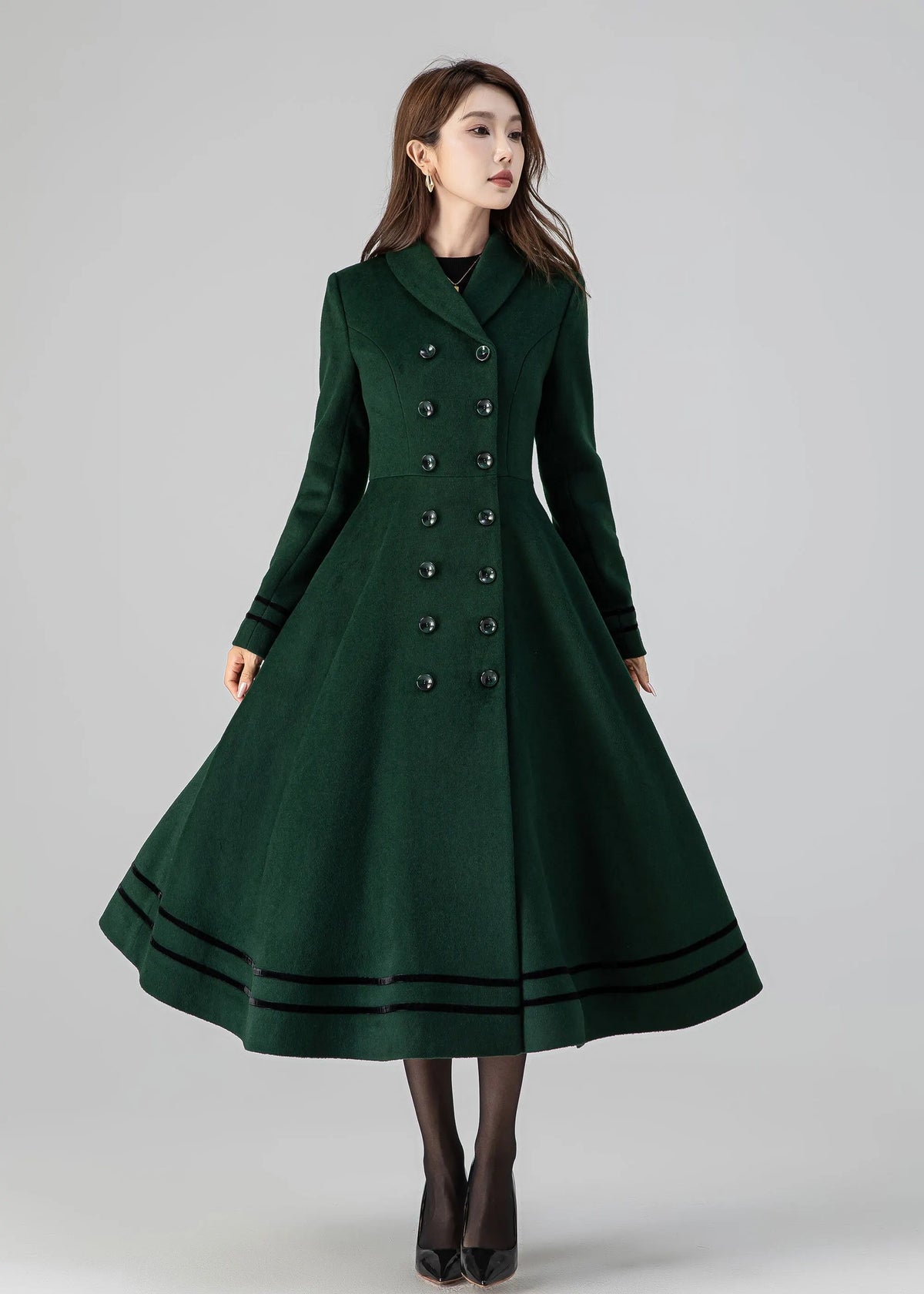 Forest Green Wool Coat - Double Breasted A-Line Fit and Flare 4514