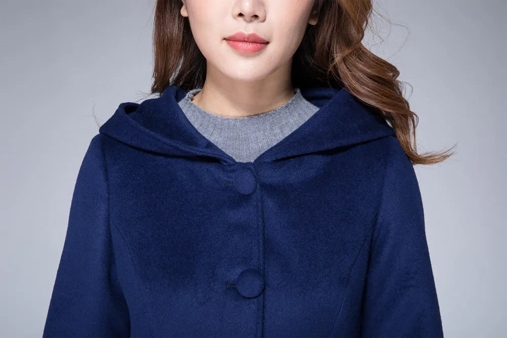 Navy Blue Hooded Wool Coat – Lantern Sleeve Winter Short Coat 
