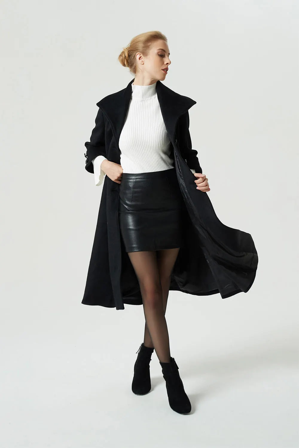 Black Wool Winter Coat – Big Lapel Fitted Midi Coat with 3/4 Sleeves 