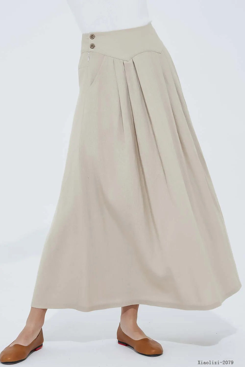 Beige Linen Blend A-Line Ankle Skirt - Pockets Fitted Waist 