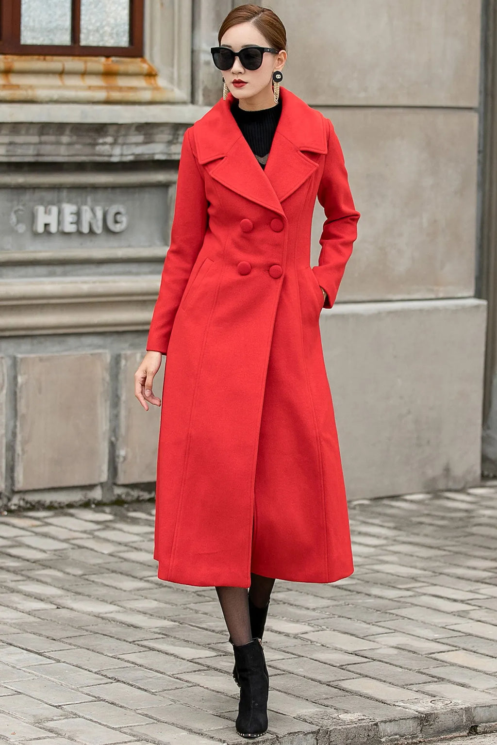 Handmade Red Wool Coat – Vintage Double Breasted Long Winter Overcoat 