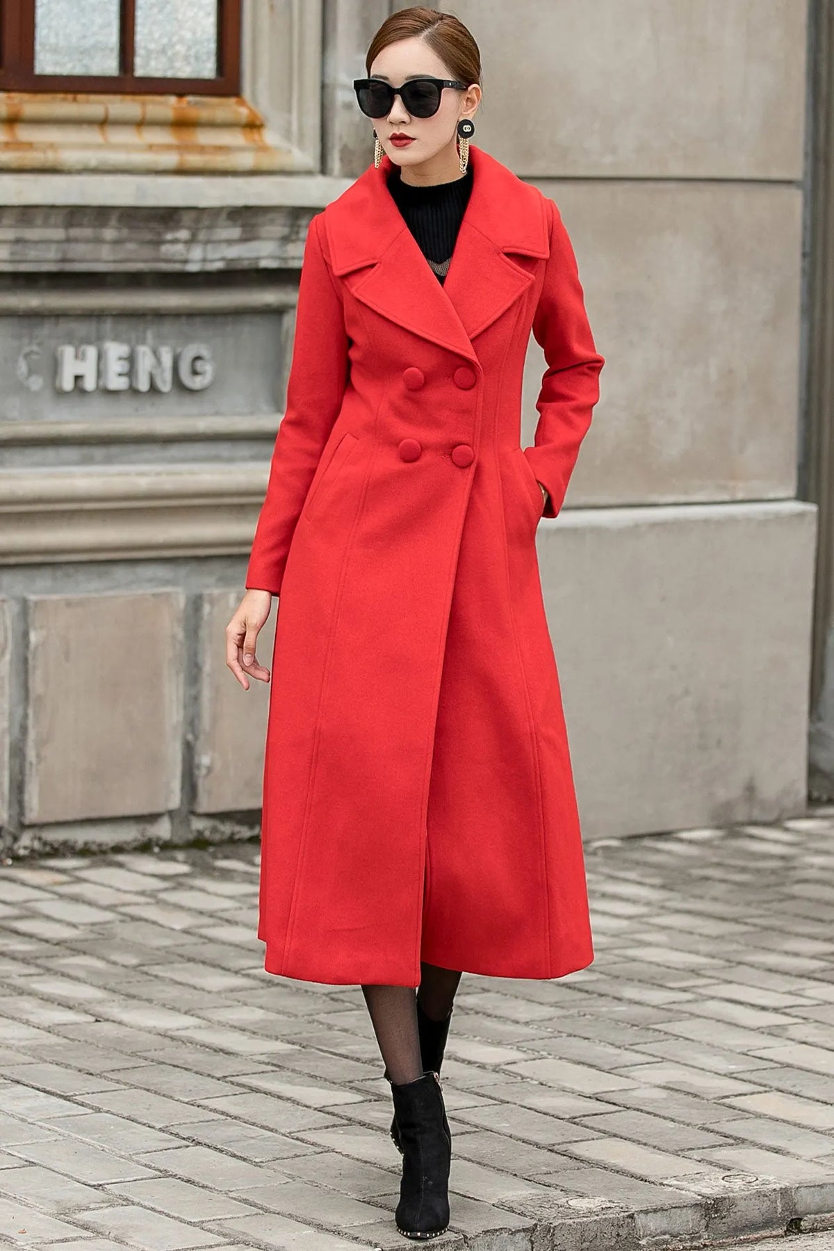 Handmade Red Wool Coat – Vintage Double Breasted Long Winter Overcoat 
