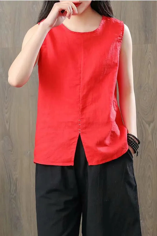 White Linen Sleeveless Tunic Top - Breathable Loose Fit J124