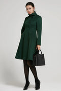 Emerald Green Wool A-Line Winter Coat - Vintage Stand Collar 2313