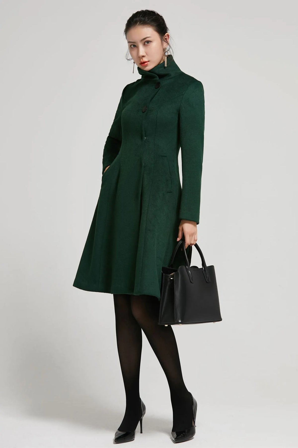 Emerald Green Wool A-Line Winter Coat - Vintage Stand Collar 2313