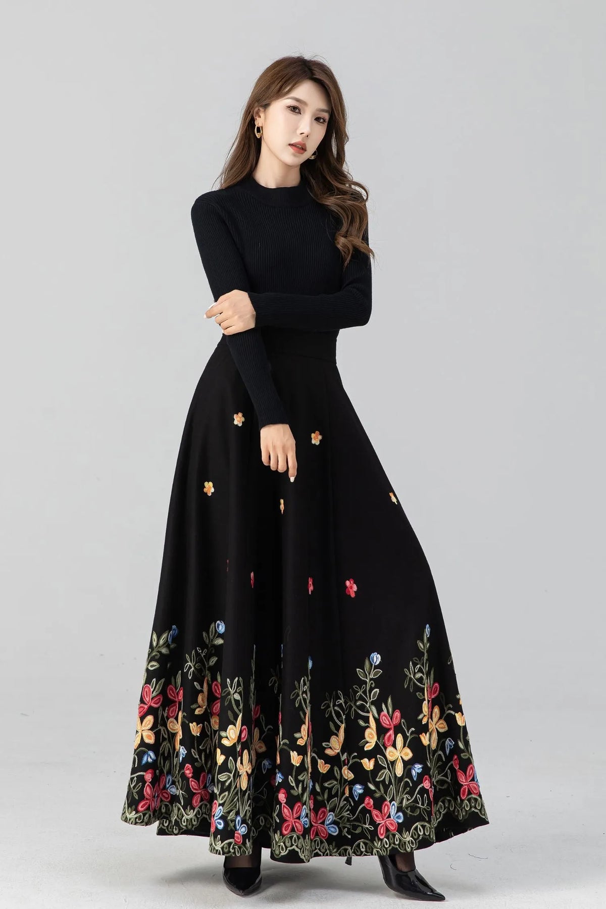Black Wool Maxi Skirt - Floral Embroidery Hem, A-Line Silhouette 5270