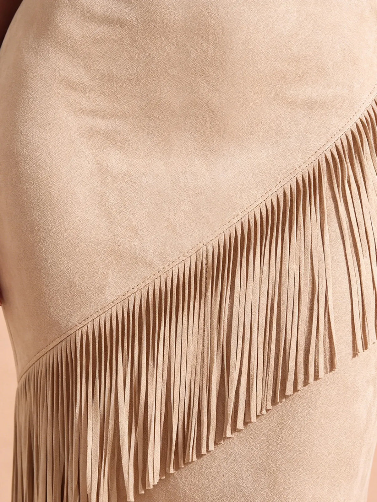 Western-Style Dress — Sand-Colored Strapless Faux Suede Tassel Midi Dress