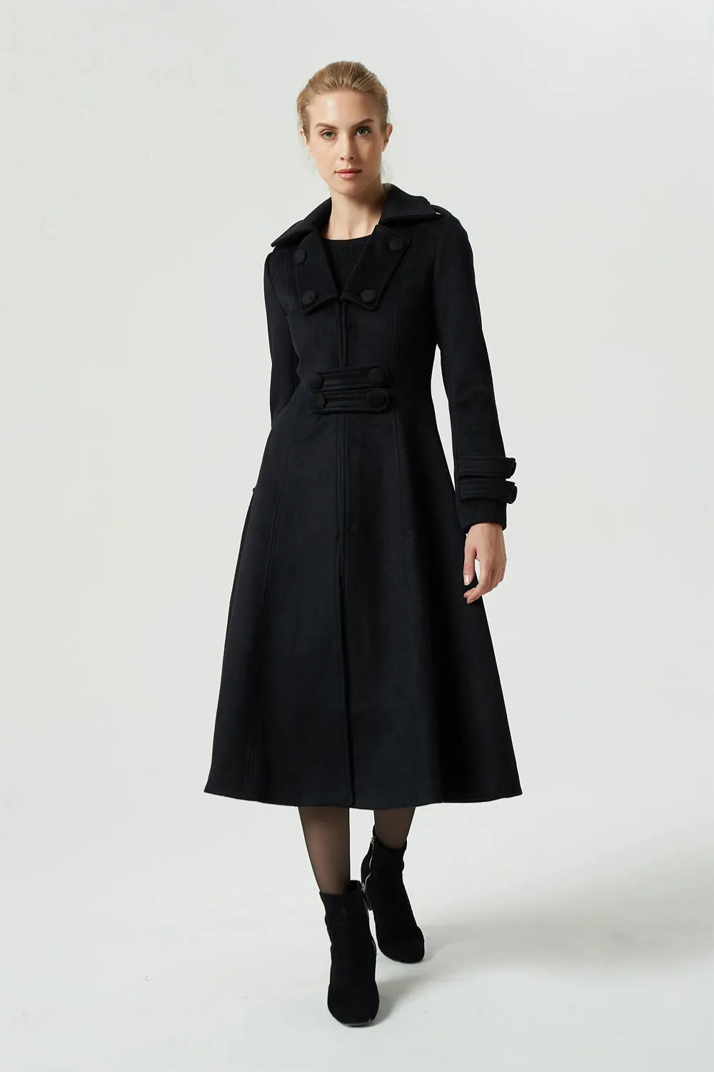 Black Wool Coat - Fit and Flare Midi Winter Overcoat 1982