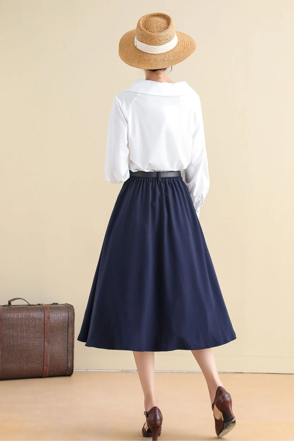 Navy Buttoned Cotton Blend Midi Skirt - A-Line, Vintage Inspired 2786