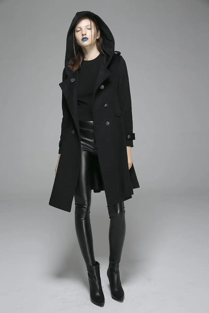 Vintage Wool Coat for Women – Handmade Black Hooded Double Breasted Military Winter Coat 