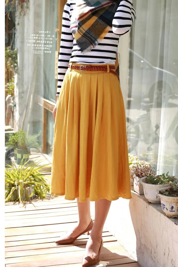 Mustard Yellow Linen Pleated Midi Skirt - High Waist Pockets 