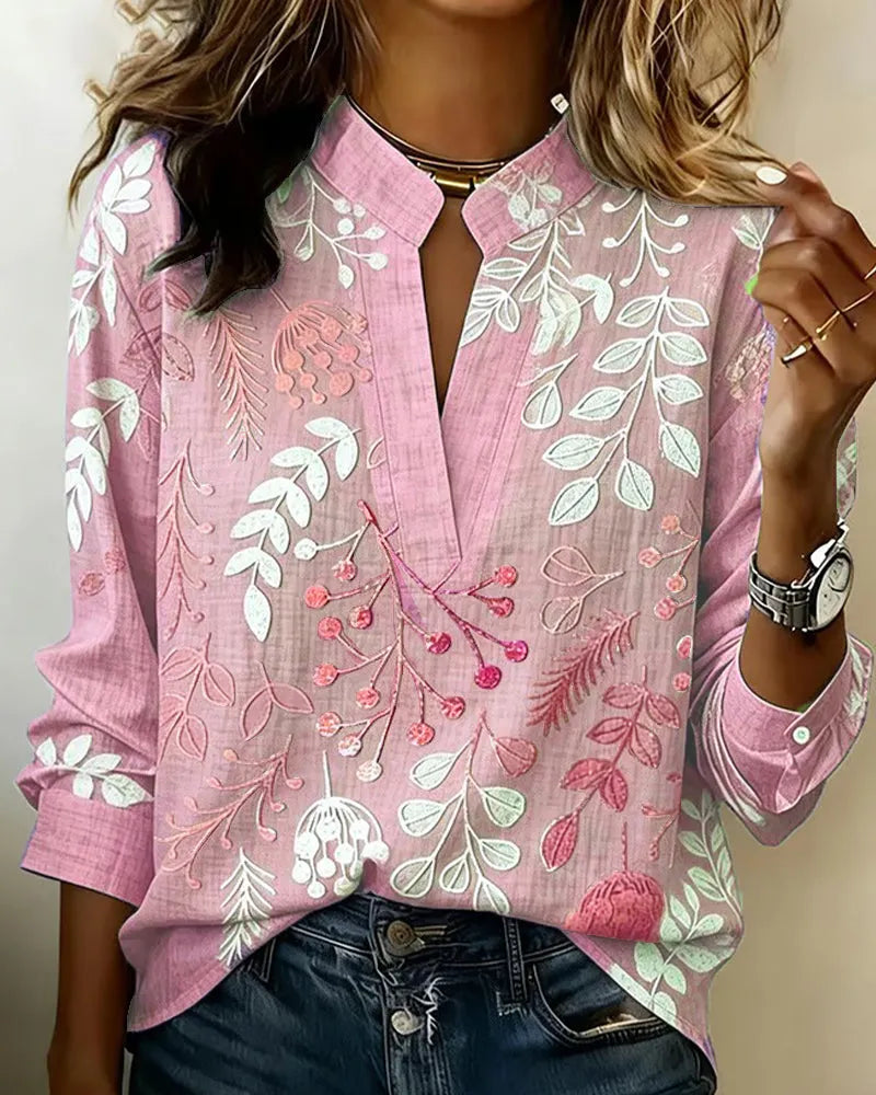 Women's V-Neck Floral Embroidered Blouse, Long Sleeve Notch Collar Linen Blend Top