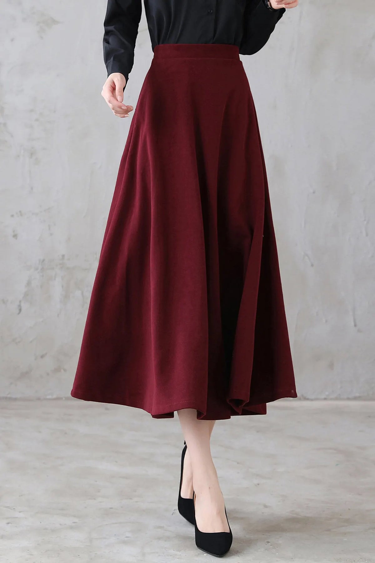 Burgundy Wool Midi Skirt - High Waist Flared A-Line Silhouette 3114
