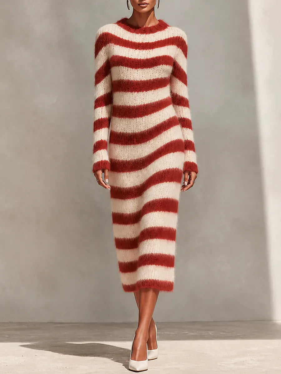 Women's Crew Neck Striped Knit Dress For Fall Daily Wear MDZ0223I7LYL
