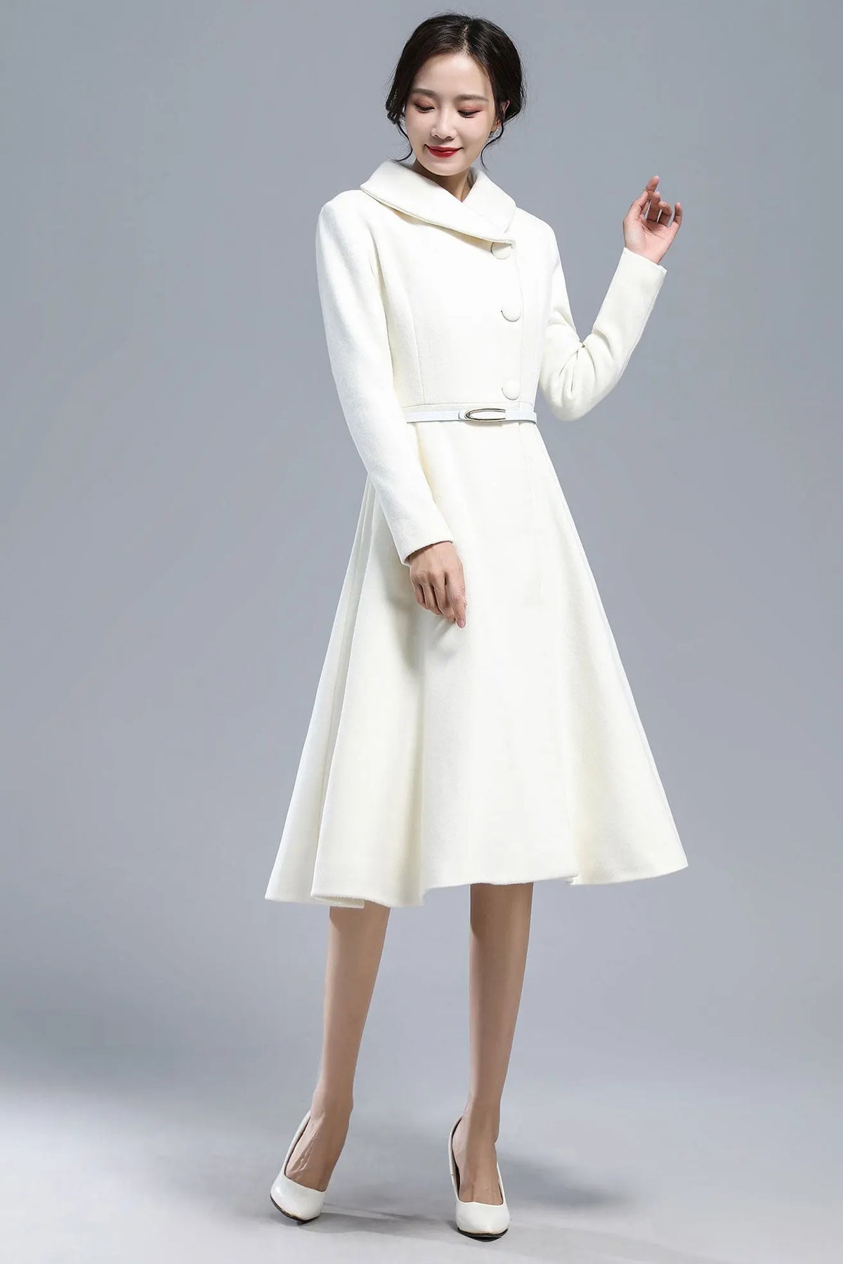 White Wool Blend Coat – Vintage Below Knee Winter Overcoat with Pockets 3163