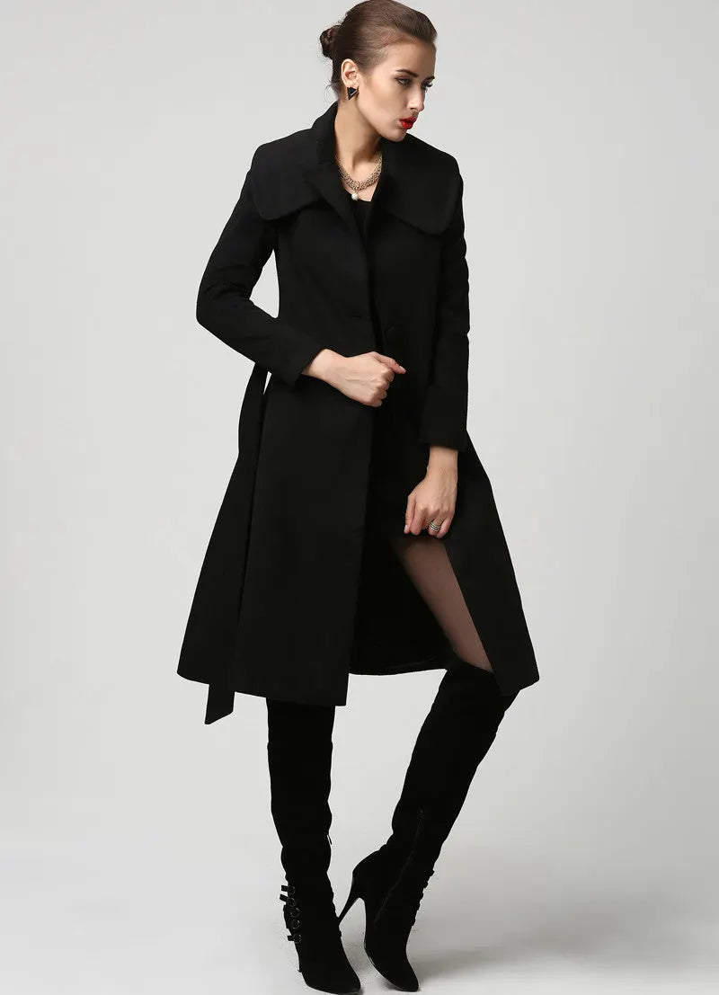 Vintage Wool Coat for Women – Handmade Black Belted Winter Coat with Double Folded Collar 