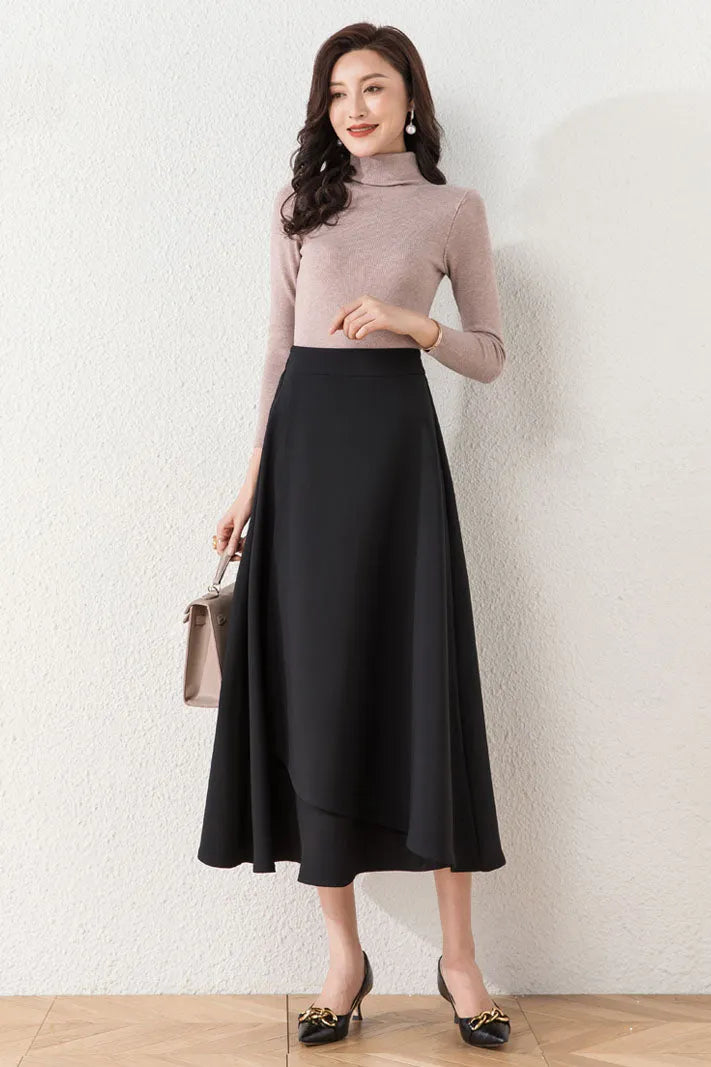 Brown Cotton Blend A-Line Long Skirt - Asymmetrical and High Waist 40