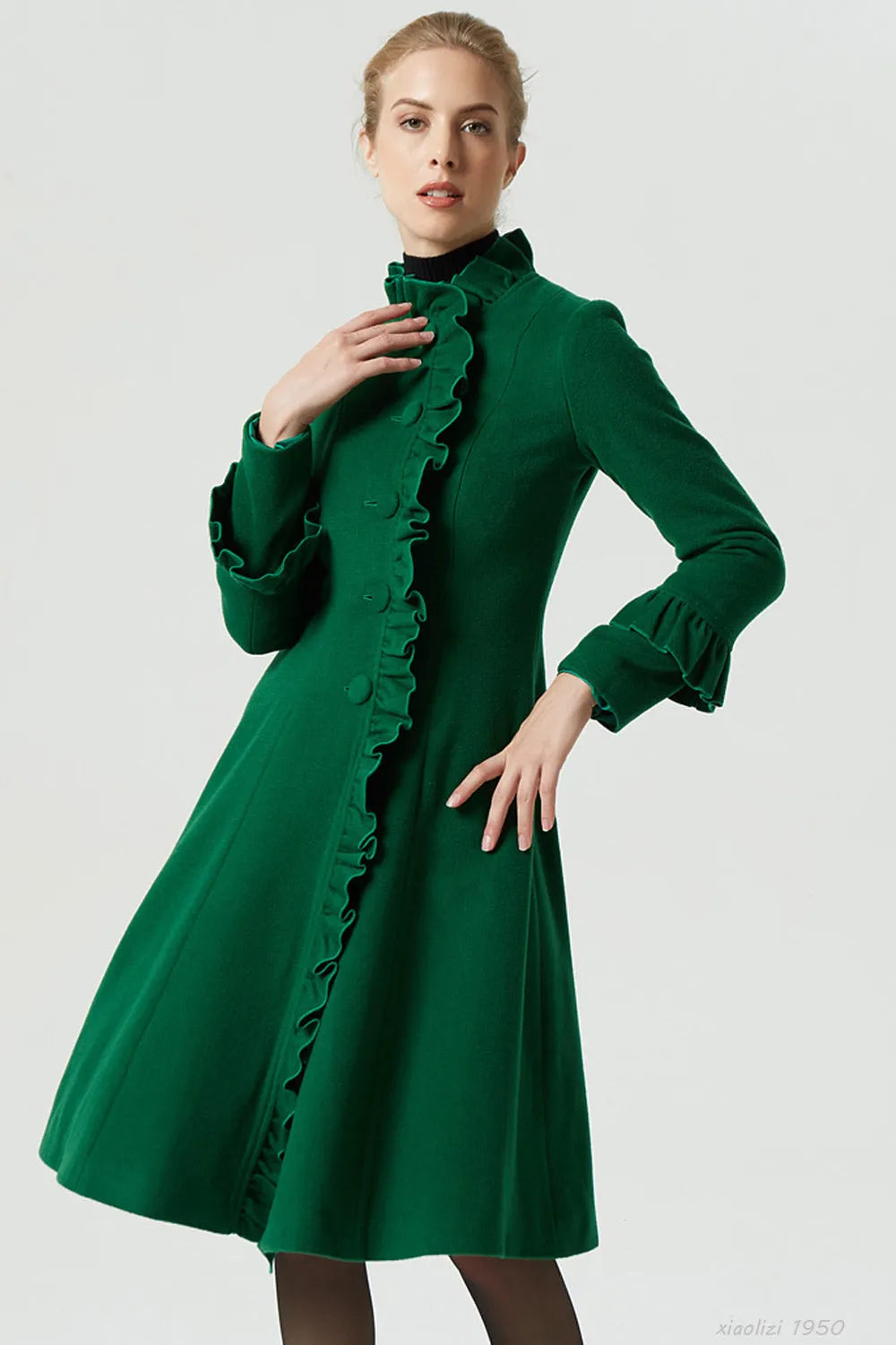 Women’s Green Wool Blend Coat with Ruffled Trim – Vintage Winter Coat 