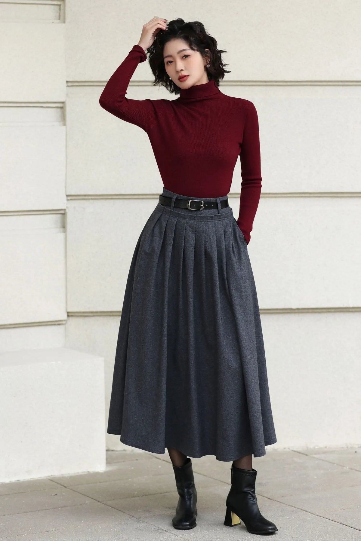 Handmade Vintage Wool Skirt – Gray Pleated A-Line Midi Skirt for Winter 6613