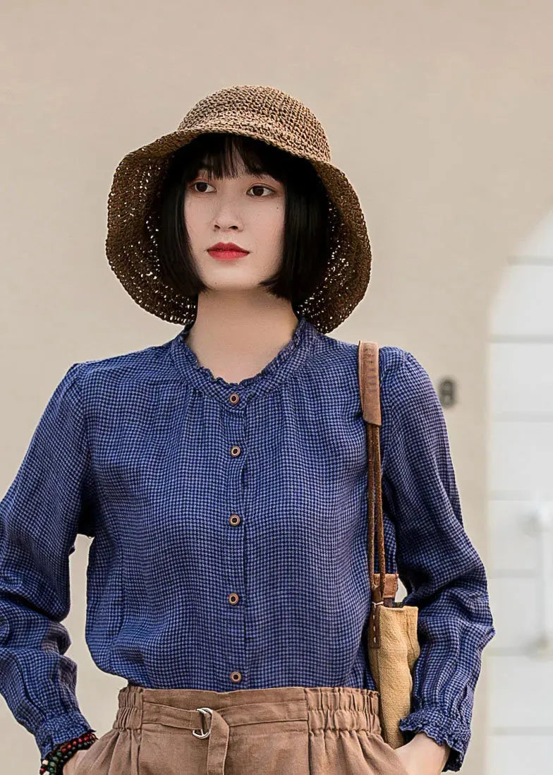 Blue Linen Blouse - Vintage Check Ruffle Crew Neck 2833
