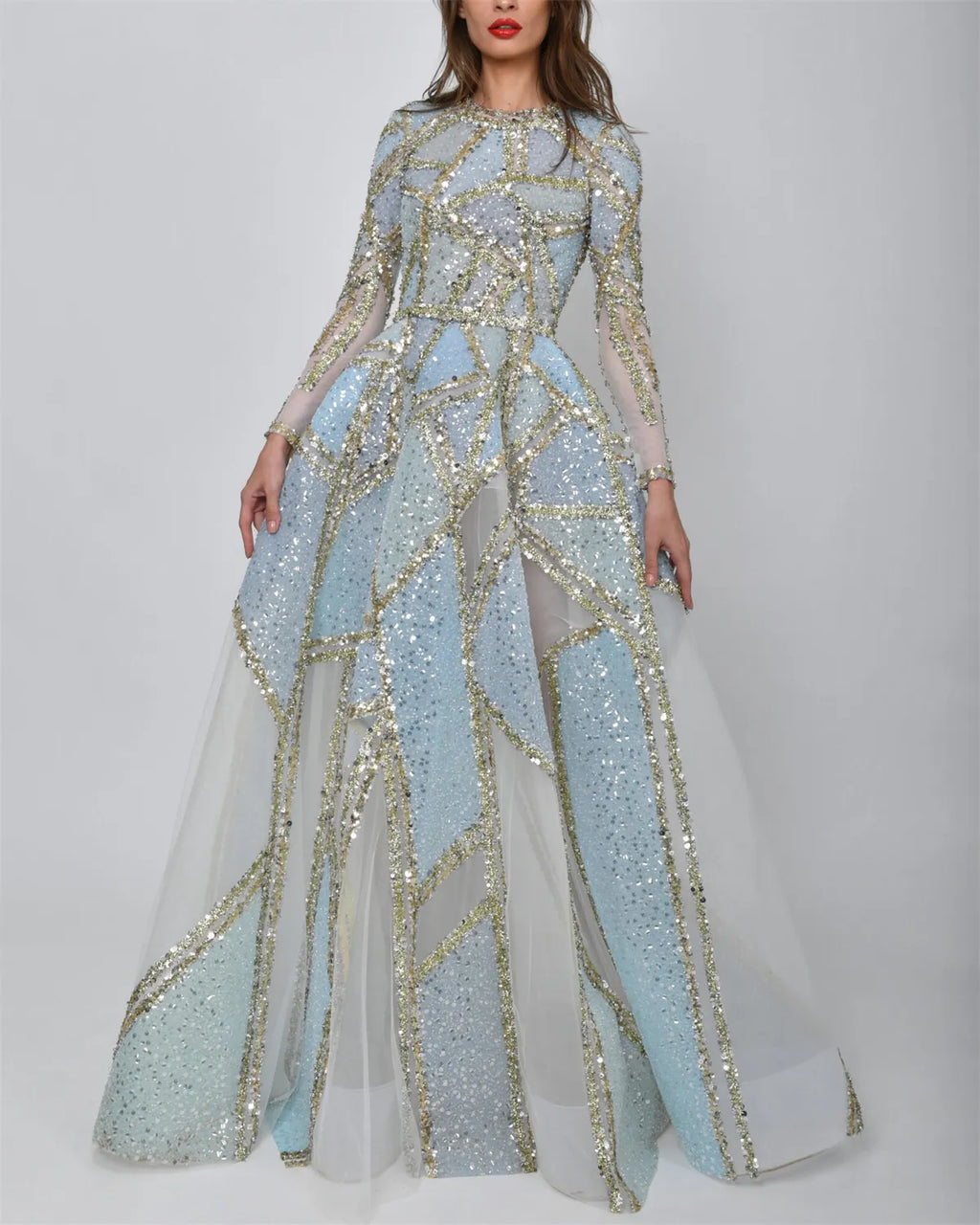 Women's Round Neck Long Sleeve Sequined Evening Dress