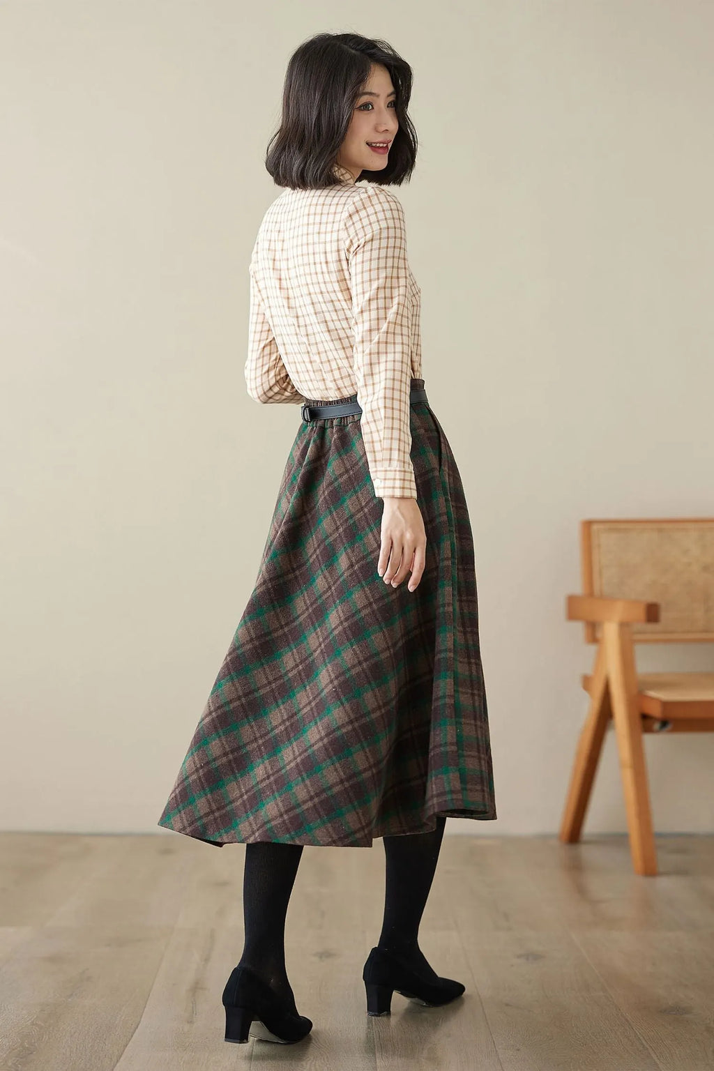 Brown Wool Midi Skirt - High-Waisted A-Line Plaid 4623