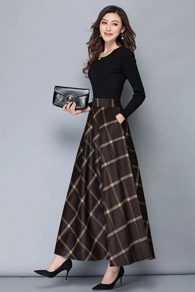 Brown Wool A-Line Maxi Skirt - High Waist with Pockets 3792
