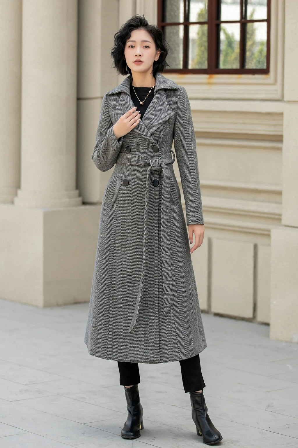 Gray Wool Long Trench Coat - Double Breasted Tie Waist 6288