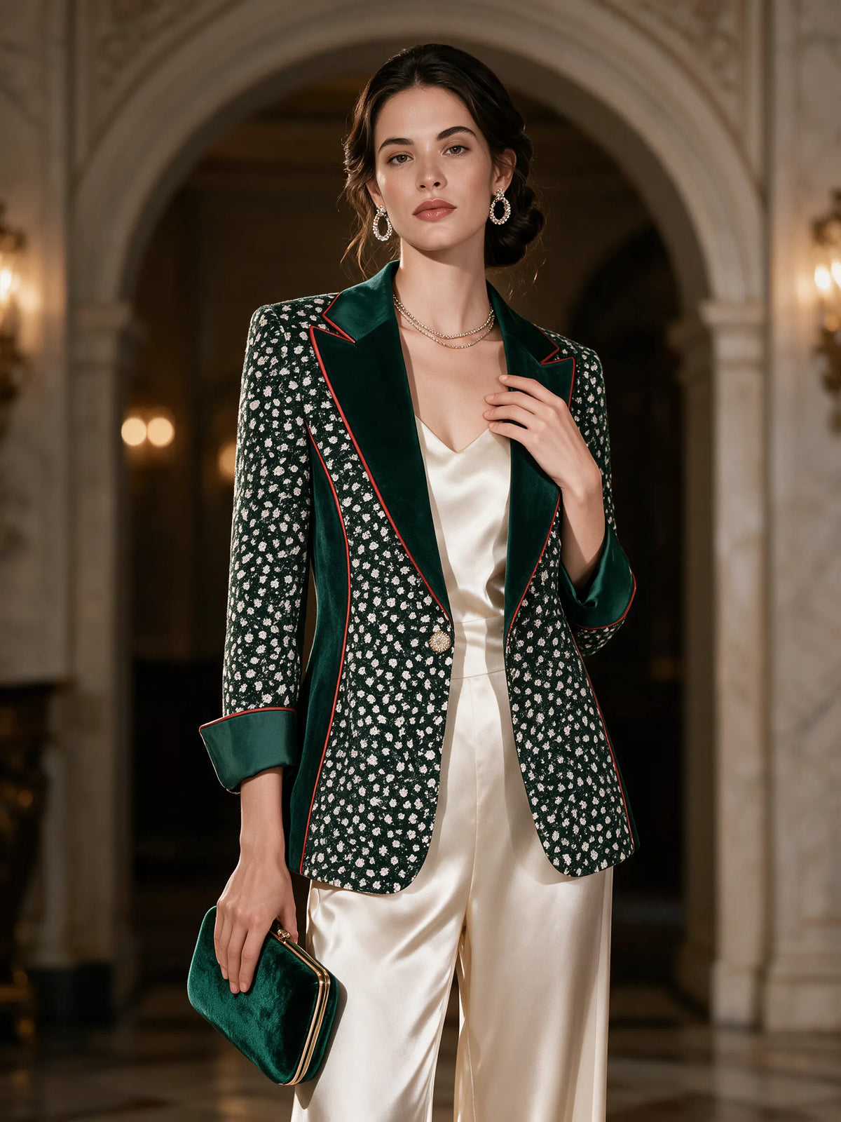 Vintage Velvet Trim Collar Ditsy Floral Print Emerald Green Blazer