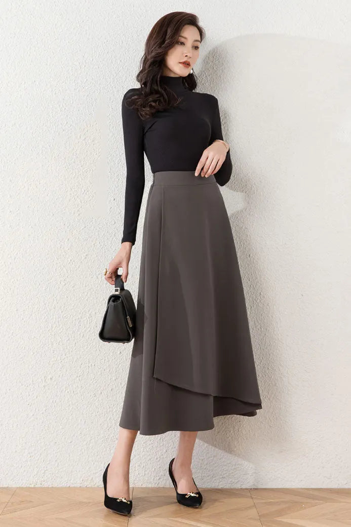 Brown Cotton Blend A-Line Long Skirt - Asymmetrical and High Waist 40