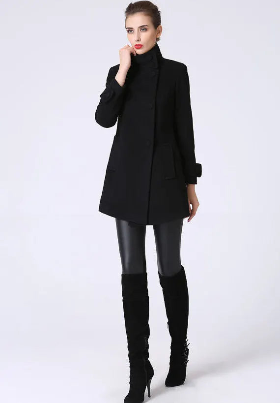 Black Wool Blend Coat - Tailored Short with Stand-Up Collar 1070