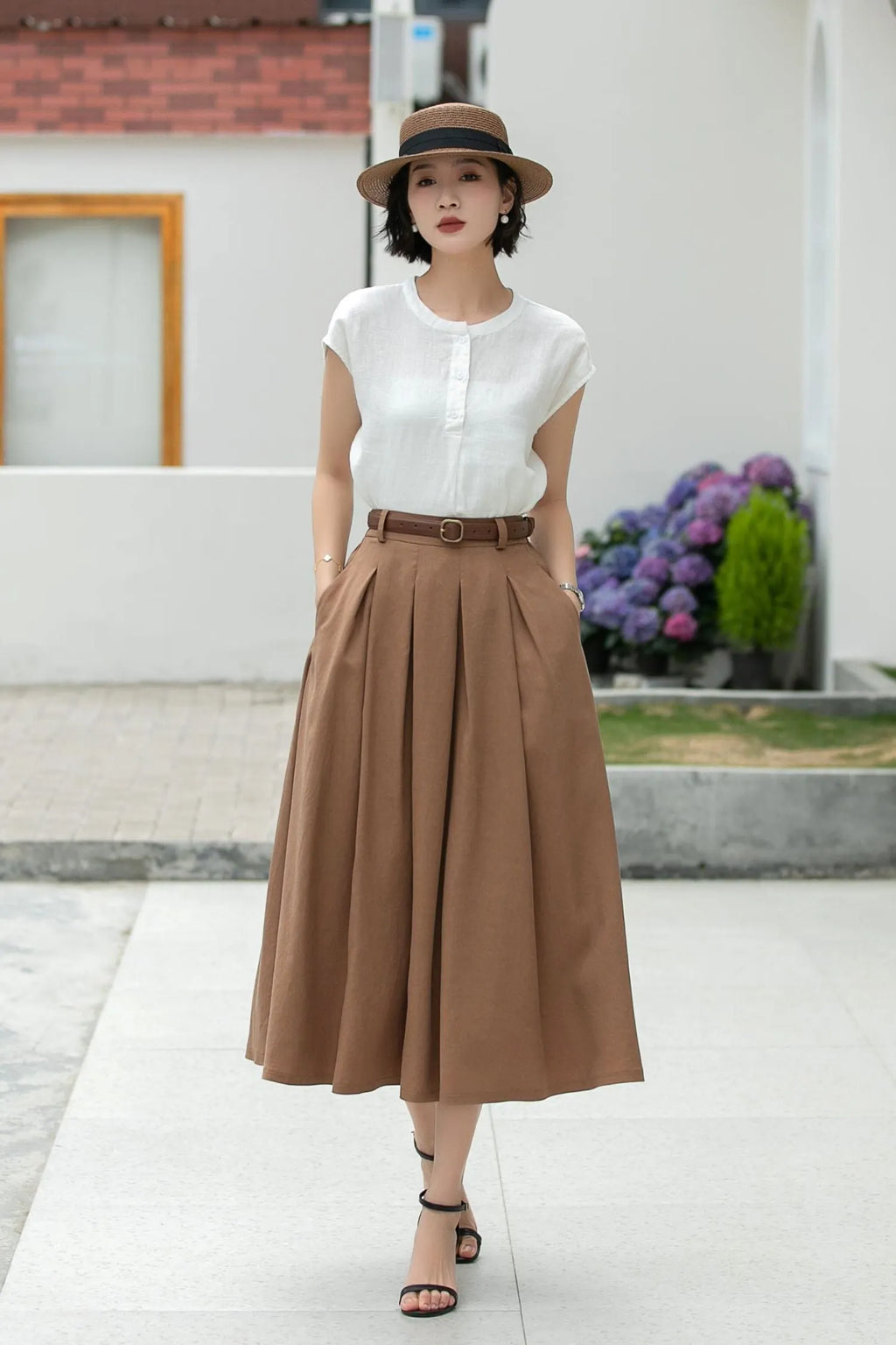 Coffee Linen Midi Skirt - Pleated A-Line with Belt Loops 5982