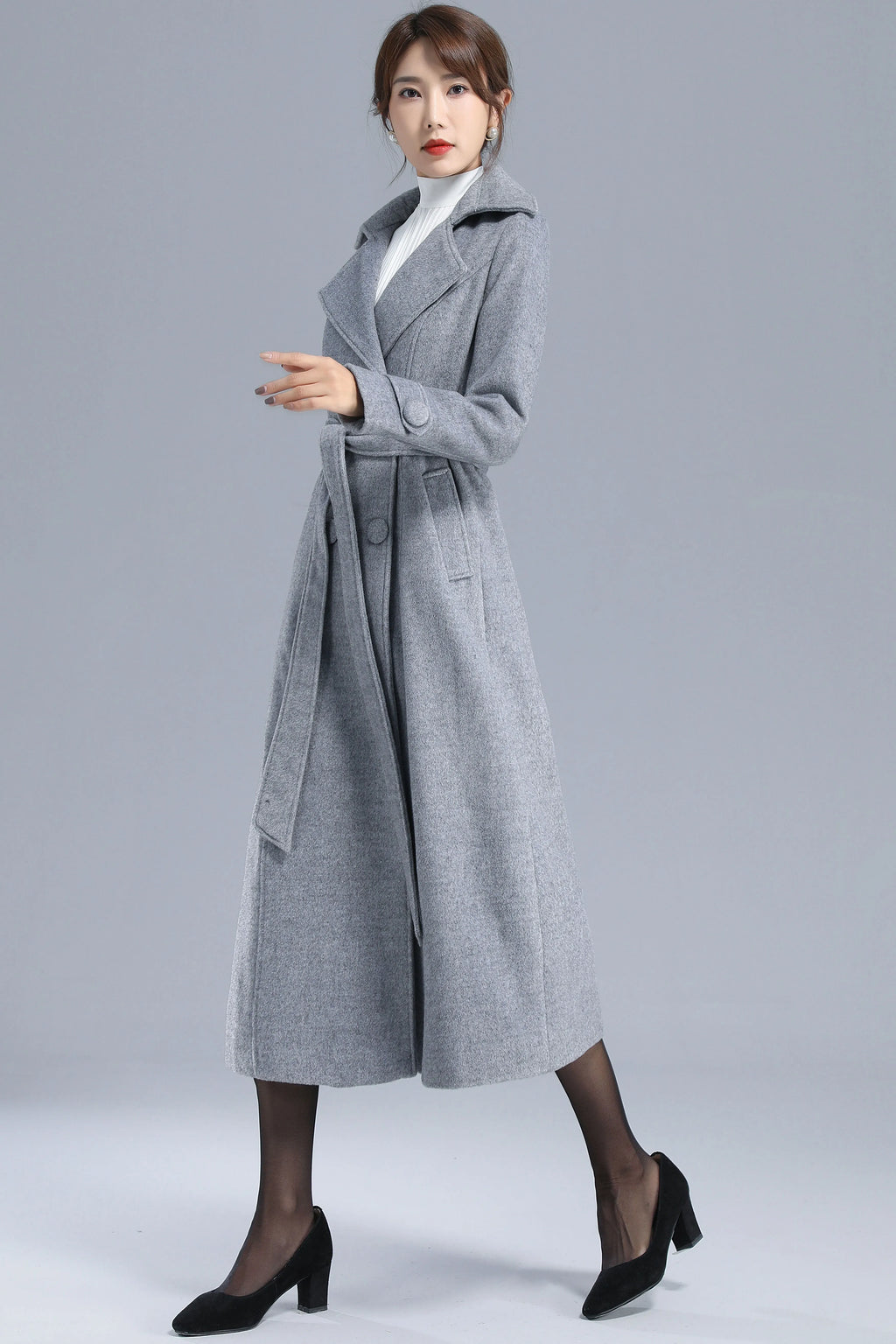 Gray Wool Belted Coat - Double Breasted, Mid-Calf Length 3209