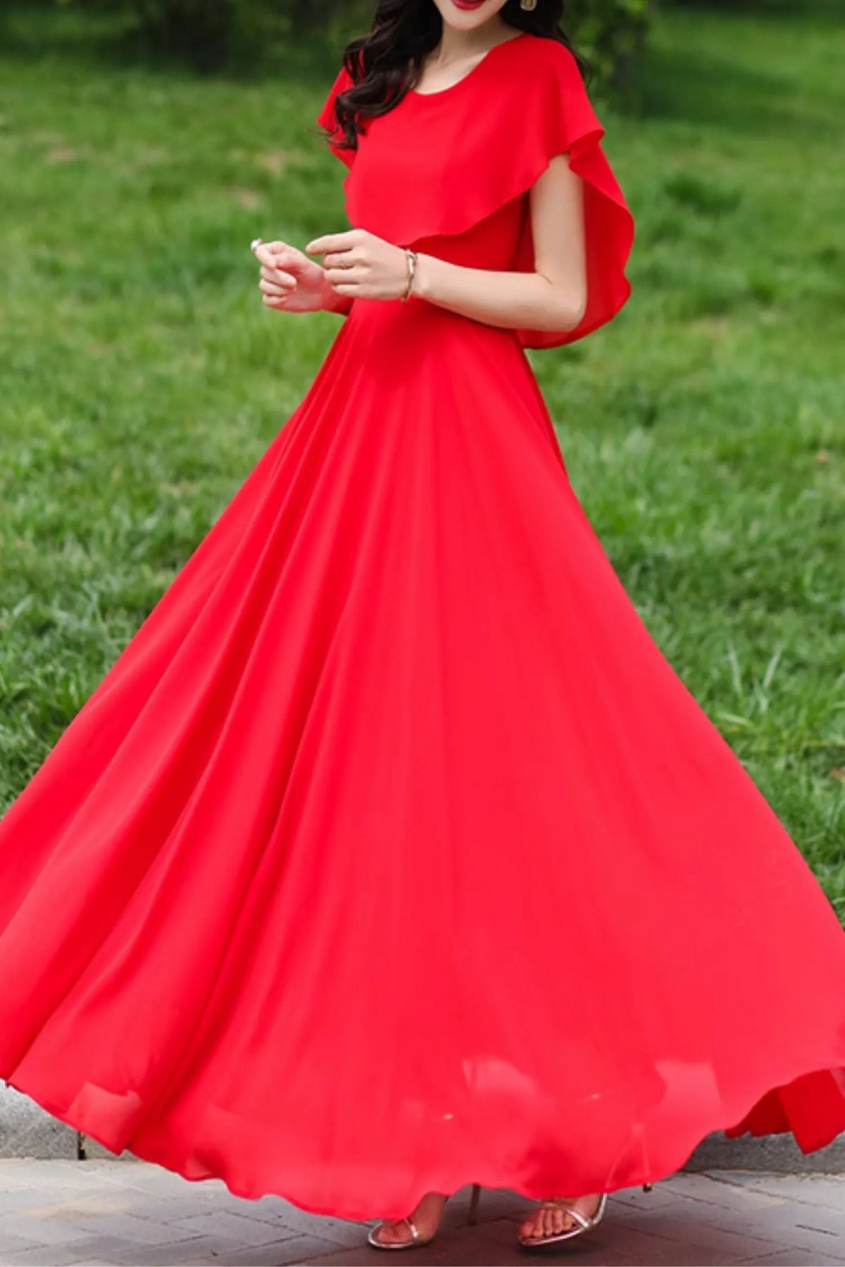 Red Chiffon Prom Maxi Dress - Fit and Flare with Cape Detail 5029