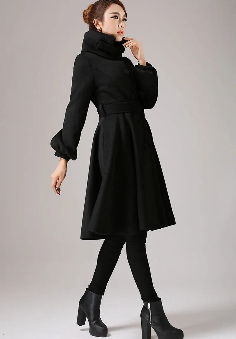 Wool Blend Winter Coat – Vintage Shawl Collar Belted A-Line Jacket 0753